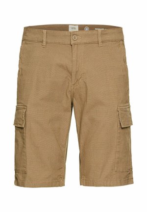 Khaki cargo shorts med struktureret stof, der har to sidelommer, en regulær pasform og en knaplukning i taljen.