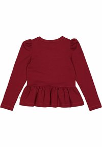 Długi rękaw w bordowym materiale dżersejowym, z bufiastymi rękawami i rozkloszowanym dołem peplum. Miękka faktura, okrągły dekolt i prosty krój.