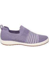 Fioletowy sportowy but wsuwany, z teksturowaną, plecioną cholewką, poziomym wzorem pasków oraz białą gumową podeszwą.