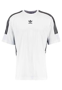 White short-sleeve athletic shirt with black three-stripe design on shoulders, featuring a black Adidas logo on the front.