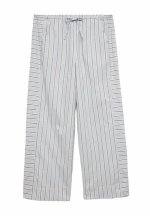 Lyseblå pyjamabukser med lodrette hvide og brune striber samt elastisk taljebånd med snøre.