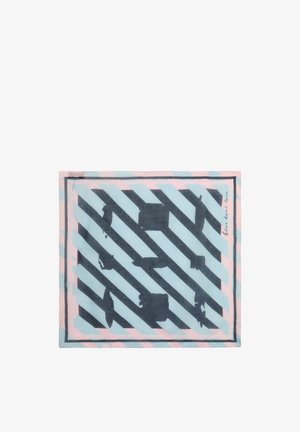 Rechthoekige sjaal van lichtgewicht stof met een diagonaal zwart en lichtblauw gestreept patroon, afgewerkt met roze randen en abstracte vormen.