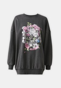 Gray sweatshirt with long, puffy sleeves; features a floral skull graphic in white, pink, and blue with the text "TAKE NOTHING FOR GRANTED."