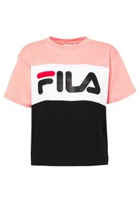 Fila-logotyp t-shirt med rosa övre sektion, vit mittsektion med en stor svart logotyp och svart nedre sektion. Korta ärmar, tillverkad i bomull.