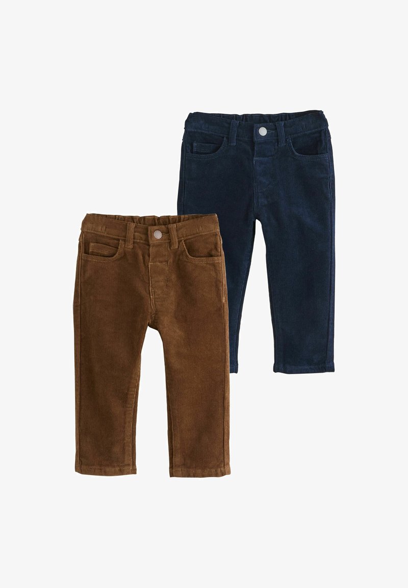 Zwei Paar Baby-Cordhosen, eine braun und eine marineblau, beide mit Knopf-Bund und Vordertaschen.