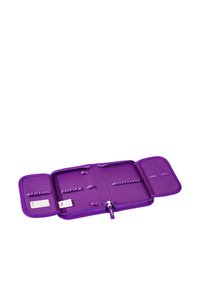 Purple zippered case with multiple compartments, elastic straps for organization, soft fabric texture, and labels for identification.