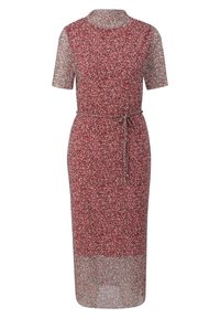 Červené květinové šaty střední délky s krátkými rukávy, průsvitným náprsníkem, vypasovaným pasem a detailem na zavazování. Obsahují malé, rozptýlené květinové vzory.
