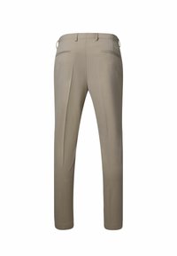Beige op maat gemaakte broek met een gladde textuur, rechte pijpen en twee achterzakken. Voorzien van riemlussen en subtiele plooi lijnen aan de voorkant.