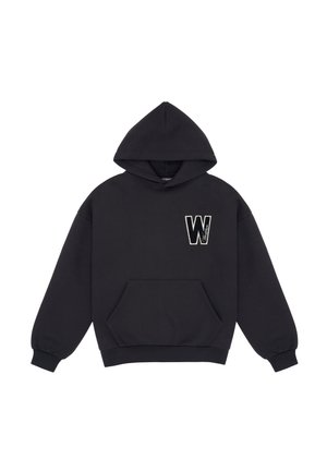 Sweat à capuche noir avec poche kangourou à l'avant et grande écusson blanc et noir en forme de lettre "W" sur la poitrine gauche.