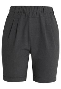 Pantaloni corti grigi, su misura, con frontale plissettato, vita elastica e orlo arrotolato. Realizzati in tessuto intrecciato con una texture liscia.