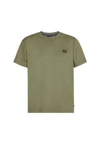 Olijfgroene katoenen T-shirt met een ronde hals en korte mouwen, voorzien van een klein merklabel op de linkerborst. Soepele textuur.