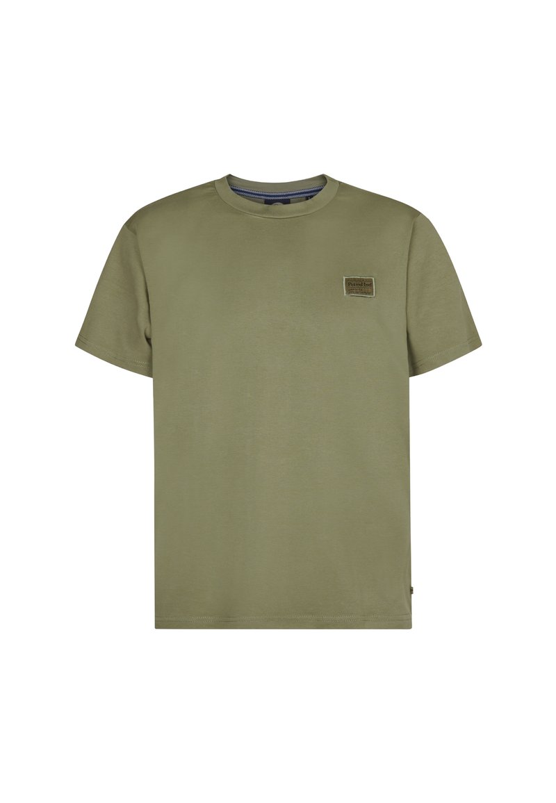 Olijfgroene katoenen T-shirt met een ronde hals en korte mouwen, voorzien van een klein merklabel op de linkerborst. Soepele textuur.