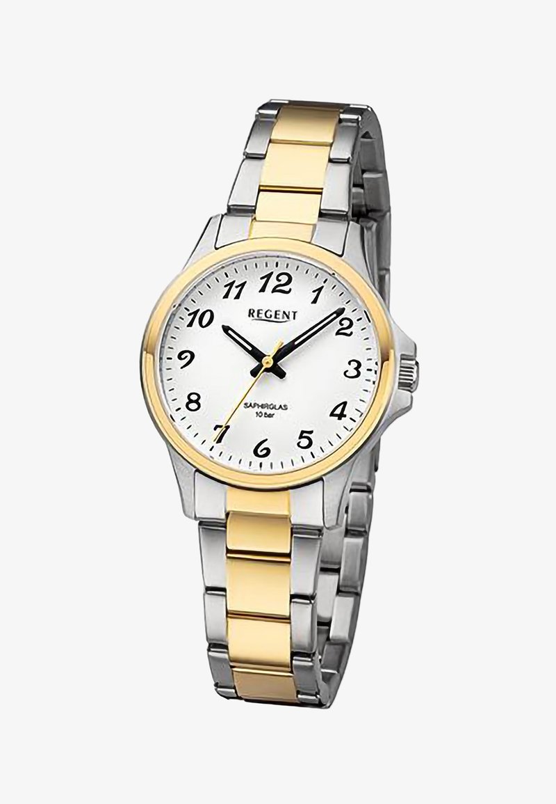 Montre-bracelet en métal bicolore argent et or avec cadran blanc, chiffres noirs, et trois aiguilles noires indiquant 10h10.