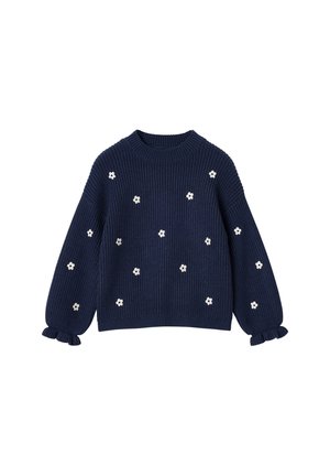 Navy blue knit sweater with long puffed sleeves and small white flower patterns scattered on the front and sleeves.