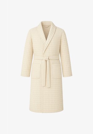Cremfarbener Waffelstrick-Bademantel mit Schalkragen, langen Ärmeln, zwei Vorderaschen und einem Gürtel zum Schließen. Strukturierter Stoff.