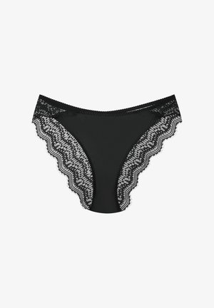 Black lace trim panties featuring scalloped edges, smooth fabric, and intricate lace detailing on the sides, creating a delicate pattern.
