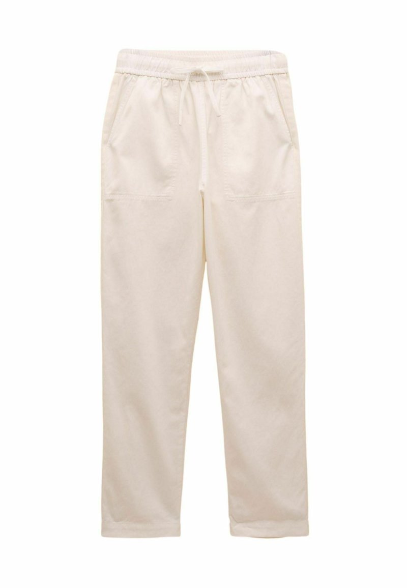 Pantaloni de trening din bumbac alb, cu talie elastică, șnur pentru ajustare și două buzunare frontale. Design cu croială dreaptă, detalii minime de cusături.