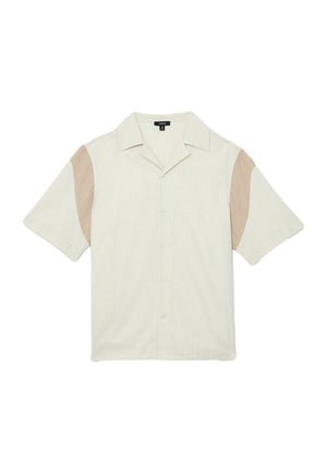 Beiges Kurzarm-Hemd mit Knöpfen, Camp-Kragen und hellbraunen Einsätzen an den äußeren Ärmeln.
