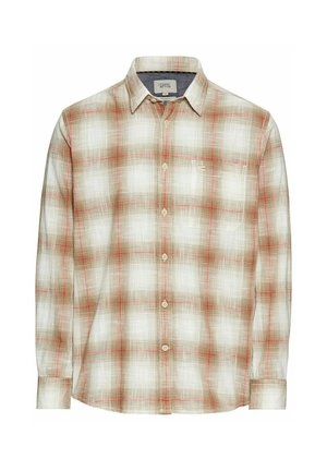 Lange mouw geblokt overhemd in beige met rode en bruine patronen, met knoopsluiting en een enkele borstzak. Katoenen stof met een zachte textuur.