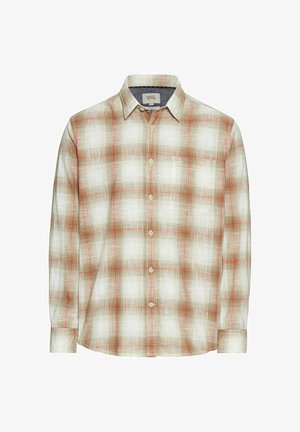 Langærmet ternet skjorte i beige med røde og brune mønstre, knap-ned krave og en enkelt brystlomme. Cotton stof med blød tekstur.