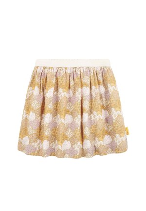 Jupe à motifs jaune et rose avec une taille élastique, présentant un ourlet festonné et des motifs floraux dans des teintes et textures variées.