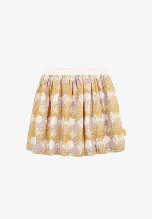 Falda amarilla y rosa con un patrón, cuenta con una cinturilla elástica, un dobladillo con forma de ondas y diseños florales en diferentes tonalidades y texturas.