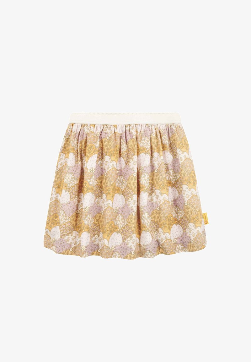 Gelber und rosa gemusterter Rock mit elastischem Bund, mit gewelltem Saum und floralen Motiven in verschiedenen Farbtönen und Texturen.