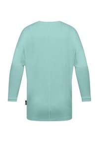 Lichtblauwe long sleeve shirt van zacht materiaal. Heeft een eenvoudig ontwerp met een ronde halslijn en een rechte snit. Geen zichtbare versieringen.