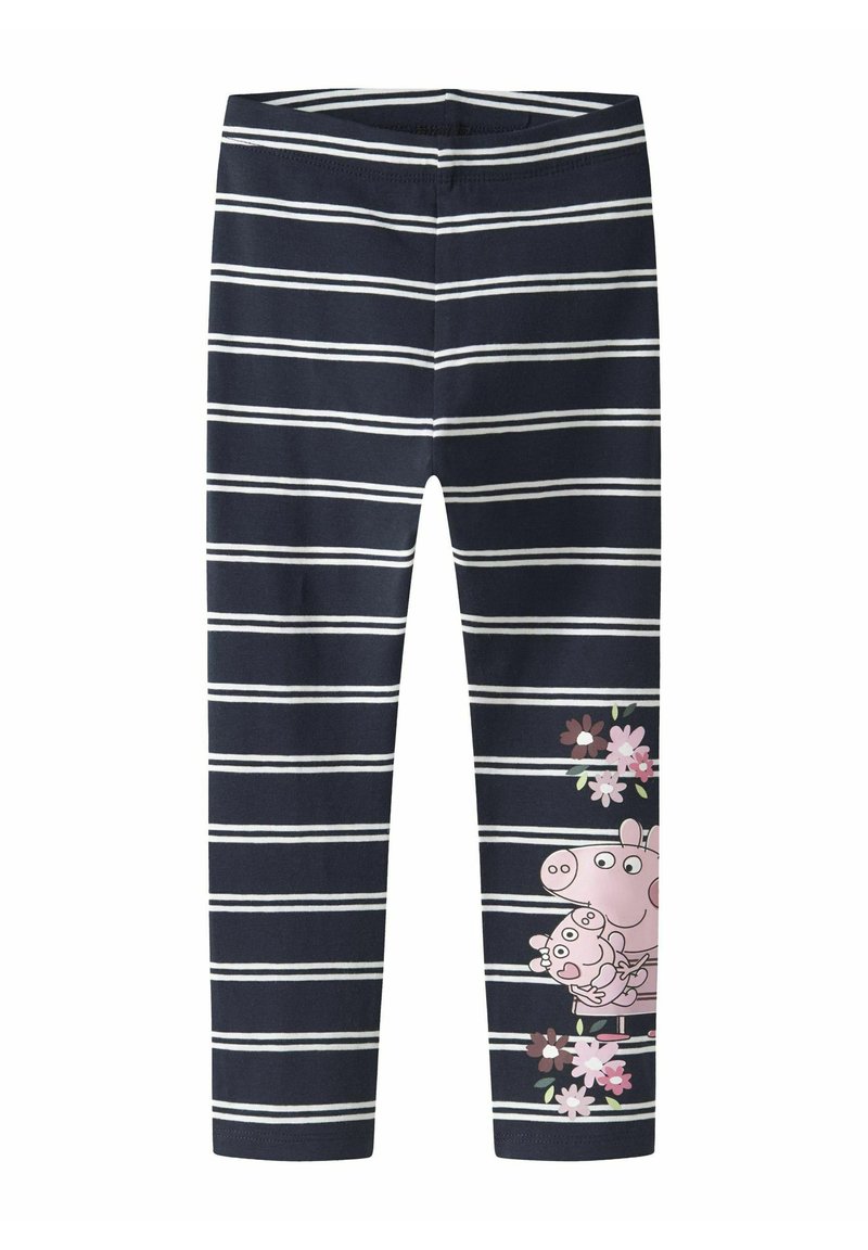 Granatowe legginsy w białe poziome paski z różowym, kreskówkowym wzorem świni i kwiatowymi akcentami po lewej stronie u dołu. Miękka, elastyczna tkanina.
