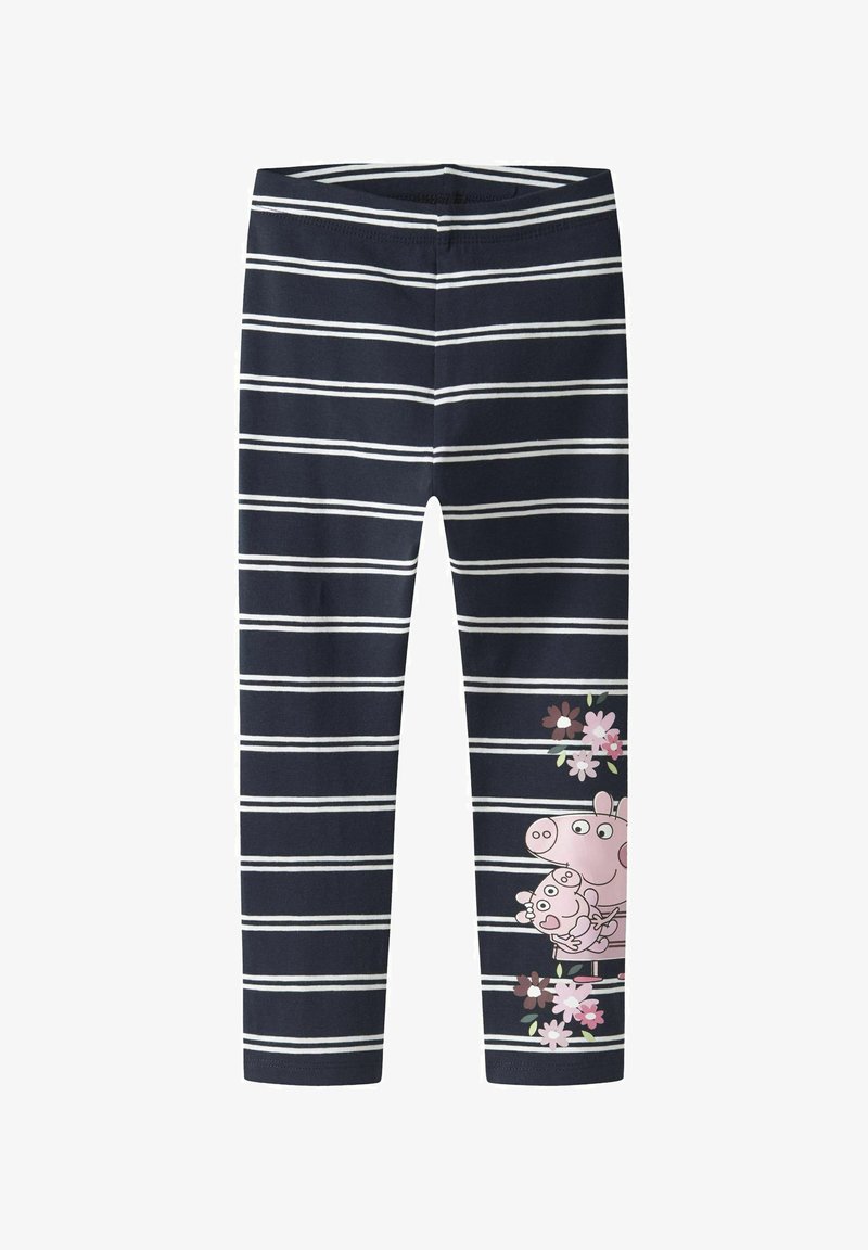 Granatowe legginsy w białe poziome paski z różowym, kreskówkowym wzorem świni i kwiatowymi akcentami po lewej stronie u dołu. Miękka, elastyczna tkanina.