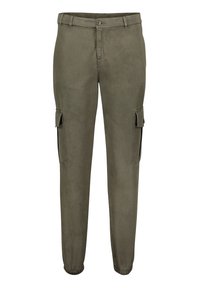 Zielone oliwkowe spodnie cargo wykonane z tkaniny bawełnianej, z elastycznymi mankietami, bocznymi kieszeniami i zapięciem na guzik w pasie.
