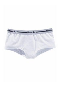 Białe bawełniane majtki hipstery o miękkiej fakturze, elastyczny pas z szarym logo 'Bench.' oraz prostokątny kształt.