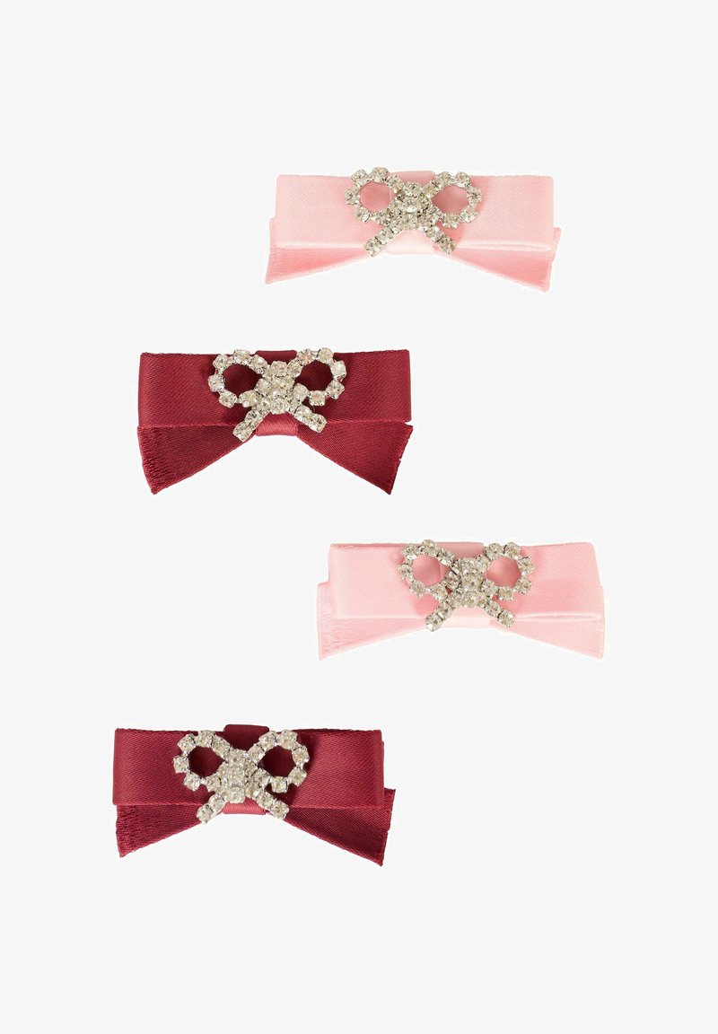 Ensemble de quatre barrettes à cheveux en ruban : deux roses et deux bourgogne, chacune avec un design de nœud rehaussé de strass. Texture satinée lisse.