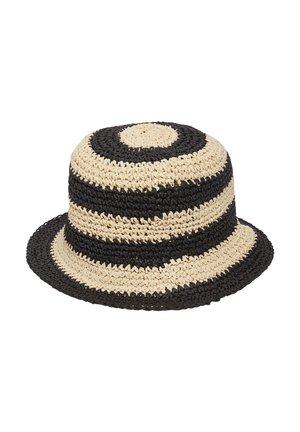 Black and beige striped straw bucket hat with a rounded crown and wide brim; features a textured, woven design.