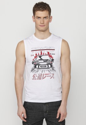 White sleeveless t-shirt featuring a graphic of a racing car with "TOKYO" and Japanese text in red. Soft cotton material; casual design.