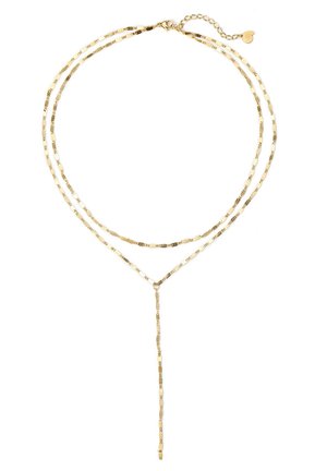 Goldplattierte Halskette mit zwei Strängen aus strukturierten, länglichen Gliedern. Enthält eine verstellbare Kette mit einem herzförmigen Anhänger.