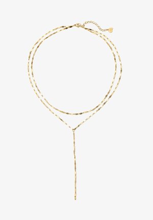 Goldplattierte Halskette mit zwei Strängen aus strukturierten, länglichen Gliedern. Enthält eine verstellbare Kette mit einem herzförmigen Anhänger.