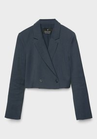 Blazer court bleu marine avec manches longues, larges revers et fermeture avant à double bouton, posé à plat sur un fond clair.
