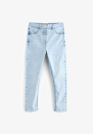 Heledad sinine teksapüksid kitsas lõikega, nupuga kinnitamine, viie taskuga ja õmbluste ääres peene tikandi detailidega.