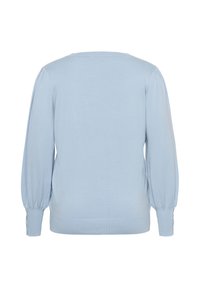 Pull bleu clair à manches longues avec manches amples et froncées et larges poignets en côte, vu de dos sur fond blanc.