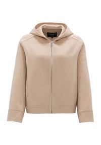 Veste beige à capuche avec manches longues, fermeture zippée à l'avant et un design simple et épuré.