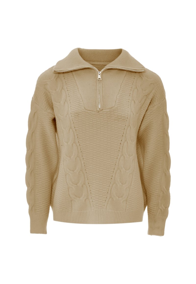 Beige pullover trui met een hoge kraag, halve ritssluiting aan de voorkant, textuurpatronen en kabelbreiwerk details op de mouwen en het lijf.