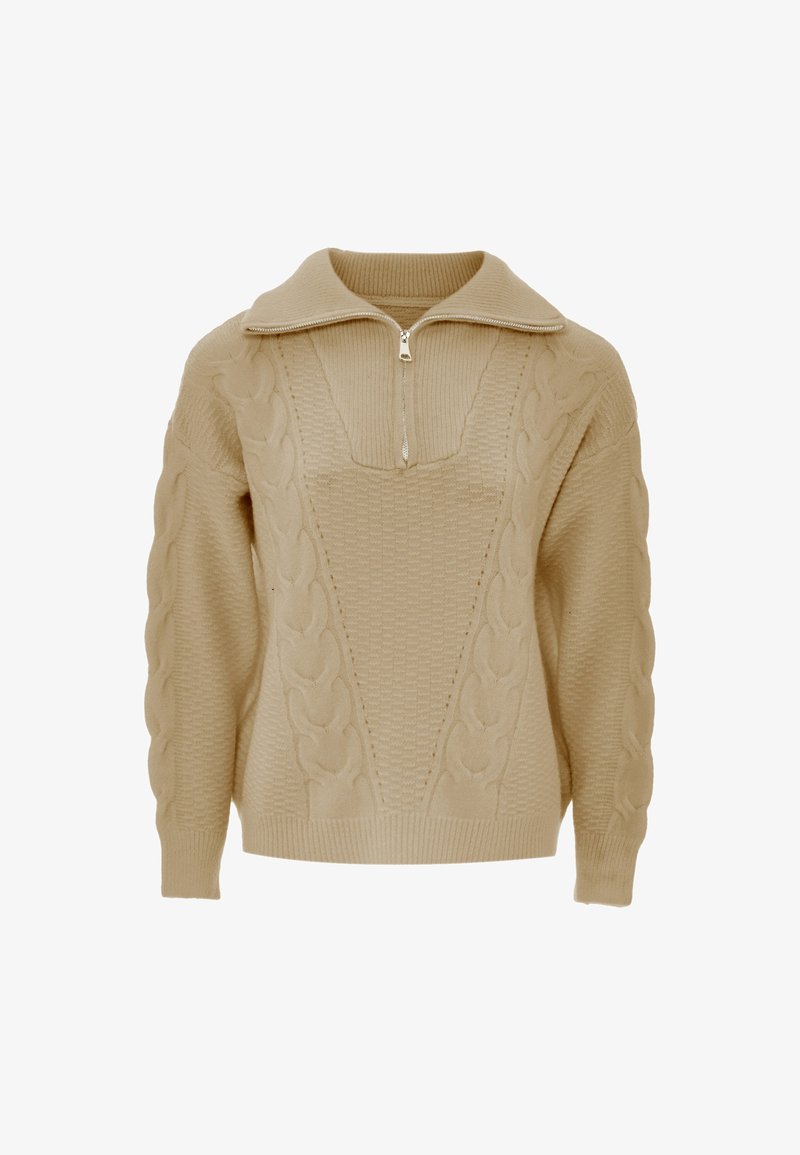 Beiger Pullover mit hohem Kragen, halbem Reißverschluss, strukturierten Mustern und Zopfmuster-Details an Ärmeln und Körper.