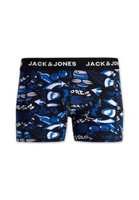 Shorts de boxe noirs avec un motif multicolore de graphiques bleus et blancs, dotés d'une ceinture élastique de marque portant l'inscription "JACK & JONES."
