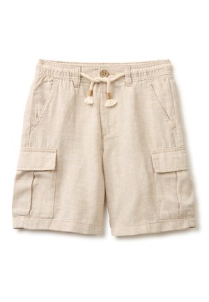 Beżowe lniane szorty cargo z elastycznym pasem, zapięciem na guzik, sznurkiem z przodu, przednimi kieszeniami i kieszeniami cargo z patką po obu stronach.