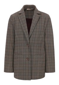 Geruite blazer in grijs en bruine tinten, met een sjalkraag, twee voorste knopen en twee zijzakken. Zachte textuur met een ontspannen pasvorm.