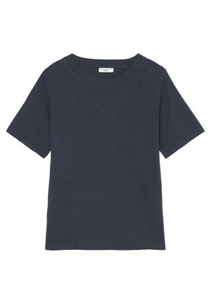 T-shirt a maniche corte blu navy in morbido tessuto testurizzato, con un classico scollo tondo e un orlo dritto.