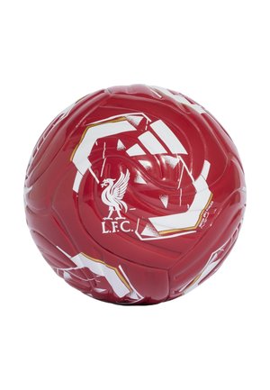 Balón de fútbol rojo y blanco con el logotipo del Liverpool FC y patrones gráficos estilizados en sus paneles.