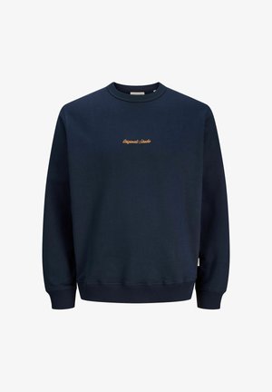 Felpa blu navy realizzata in misto cotone. Presenta un collo a giro, polsini a coste e un logo ricamato di colore arancione chiaro sul petto.