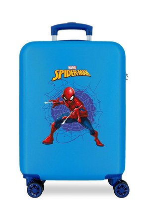 Maleta rígida azul con cuatro ruedas que muestra a Spider-Man lanzando telarañas frente a un diseño de telaraña púrpura y el logo de Marvel Spider-Man.